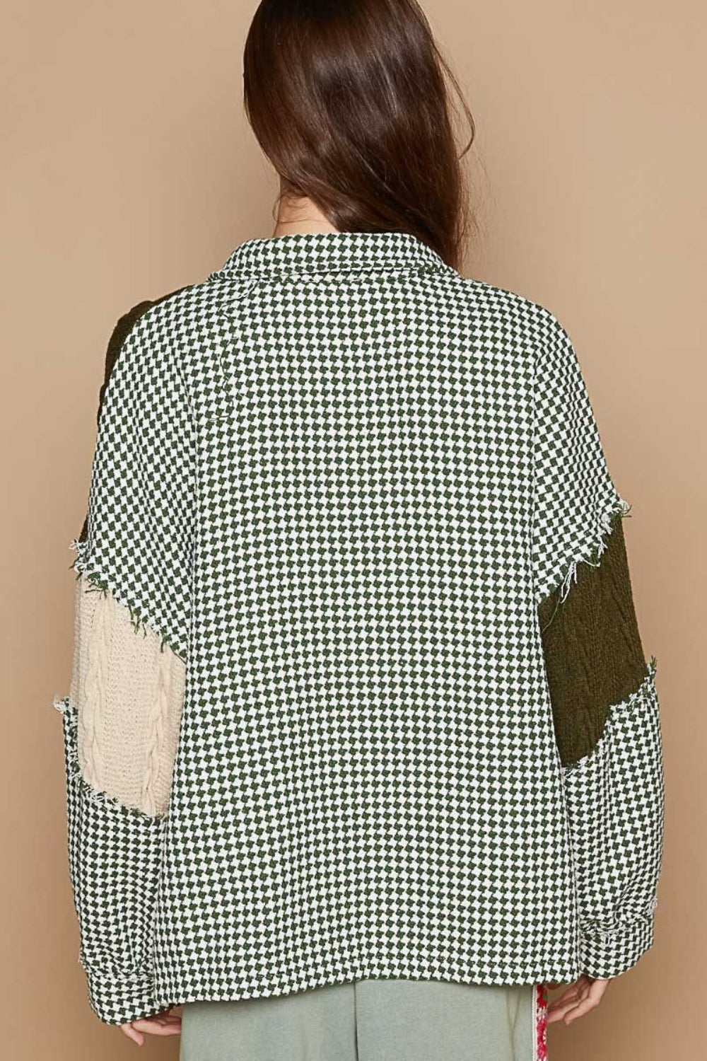 Houndstooth Contrast Cable Knit Pocket Shacket